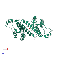 Homo dimeric assembly 2 of PDB entry 3hmf coloured by chemically distinct molecules, top view.