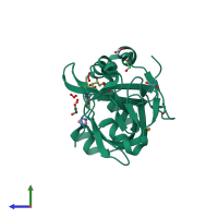 PDB entry 3hmz coloured by chain, side view.
