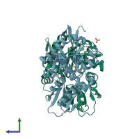 PDB entry 3hn0 coloured by chain, side view.