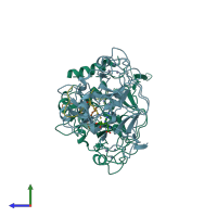 PDB entry 3hna coloured by chain, side view.