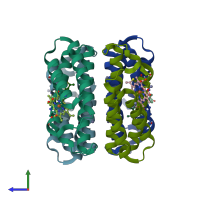 PDB entry 3hnj coloured by chain, side view.