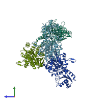 PDB entry 3hno coloured by chain, side view.