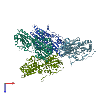 PDB entry 3hno coloured by chain, top view.