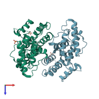 PDB entry 3hoc coloured by chain, top view.