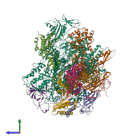 PDB entry 3hoz coloured by chain, side view.