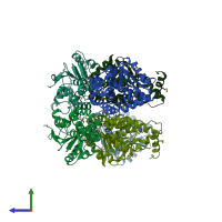 PDB entry 3hp0 coloured by chain, side view.