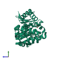 PDB entry 3hpd coloured by chain, side view.