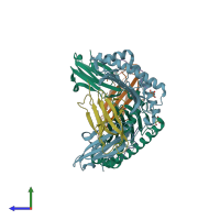 PDB entry 3hpj coloured by chain, side view.