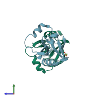 PDB entry 3hpk coloured by chain, side view.