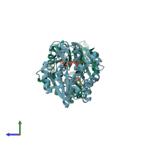 PDB entry 3hpr coloured by chain, side view.