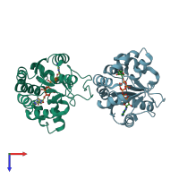 PDB entry 3hpr coloured by chain, top view.