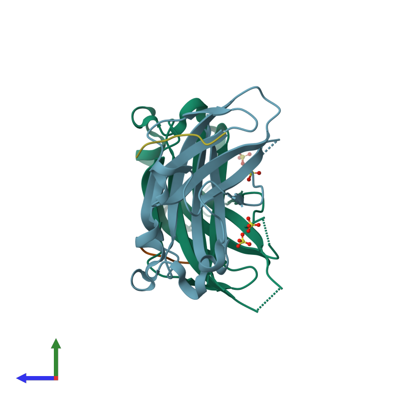 <div class='caption-body'><ul class ='image_legend_ul'>The deposited structure of PDB entry 3hqm coloured by chain and viewed from the side. The entry contains: <li class ='image_legend_li'>2 copies of Speckle-type POZ protein</li> <li class ='image_legend_li'>2 copies of Protein cubitus interruptus</li><li class ='image_legend_li'>[]<ul class ='image_legend_ul'><li class ='image_legend_li'>4 copies of SULFATE ION</li></ul></li></div>