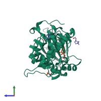 PDB entry 3hrf coloured by chain, side view.