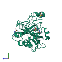 PDB entry 3hs4 coloured by chain, side view.