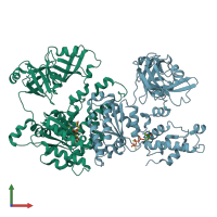 PDB entry 3hu3 coloured by chain, front view.