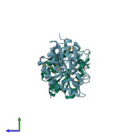PDB entry 3hu5 coloured by chain, side view.