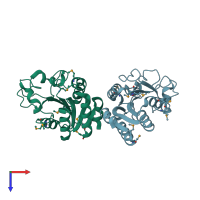 PDB entry 3hu5 coloured by chain, top view.