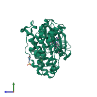 PDB entry 3huc coloured by chain, side view.