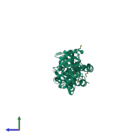 PDB entry 3hue coloured by chain, side view.