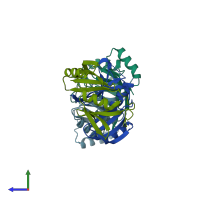 PDB entry 3huh coloured by chain, side view.