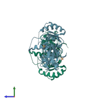 PDB entry 3hul coloured by chain, side view.