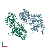 PDB entry 3hv1 coloured by chain, front view.