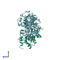 PDB entry 3hv1 coloured by chain, side view.