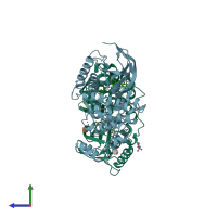 PDB entry 3hv4 coloured by chain, side view.