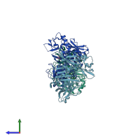 PDB entry 3hw1 coloured by chain, side view.