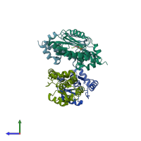 PDB entry 3hw5 coloured by chain, side view.