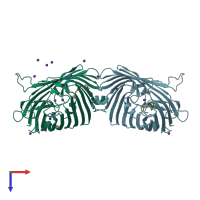 PDB entry 3hwb coloured by chain, top view.