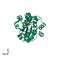 PDB entry 3hx3 coloured by chain, side view.