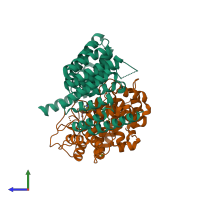 PDB entry 3hxf coloured by chain, side view.