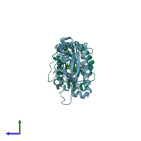 PDB entry 3hy7 coloured by chain, side view.