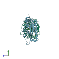 PDB entry 3hy9 coloured by chain, side view.