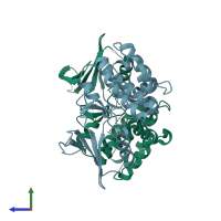 PDB entry 3hyh coloured by chain, side view.