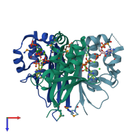 PDB entry 3hyk coloured by chain, top view.