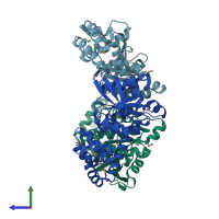 PDB entry 3hyr coloured by chain, side view.