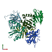 PDB entry 3hze coloured by chain, front view.