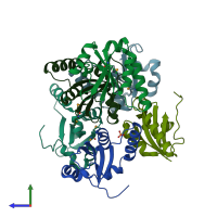 PDB entry 3hze coloured by chain, side view.