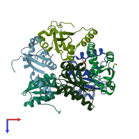 PDB entry 3hze coloured by chain, top view.