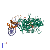 PDB entry 3hzi coloured by chain, top view.