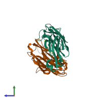 PDB entry 3hzm coloured by chain, side view.