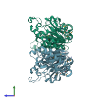 PDB entry 3idd coloured by chain, side view.