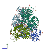 PDB entry 3iek coloured by chain, side view.