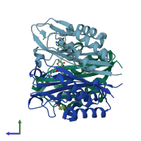 PDB entry 3ieq coloured by chain, side view.