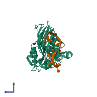 PDB entry 3iev coloured by chain, side view.