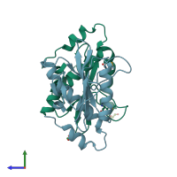 PDB entry 3ijm coloured by chain, side view.