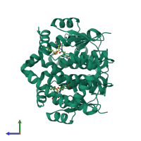 Homo dimeric assembly 1 of PDB entry 3ik9 coloured by chemically distinct molecules, side view.