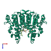 Homo dimeric assembly 1 of PDB entry 3ik9 coloured by chemically distinct molecules, top view.